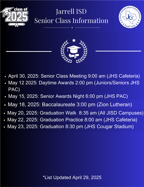 Blue graphic with white letters and jarrell isd seal